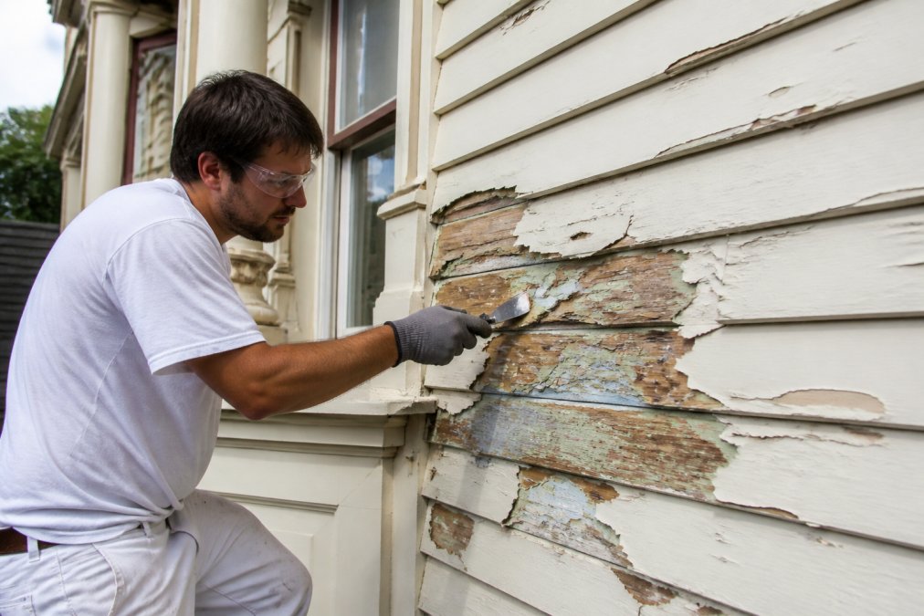 A professional painter in Toronto carefully scraping peeling paint from the wood siding of a century-old Victorian home, revealing multiple layers of old paint beneath the surface