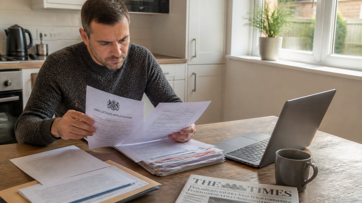 A landlord reviewing HMO licensing documents and paperwork at a kitchen table with a laptop open, council correspondence visible, natural daylight through a window