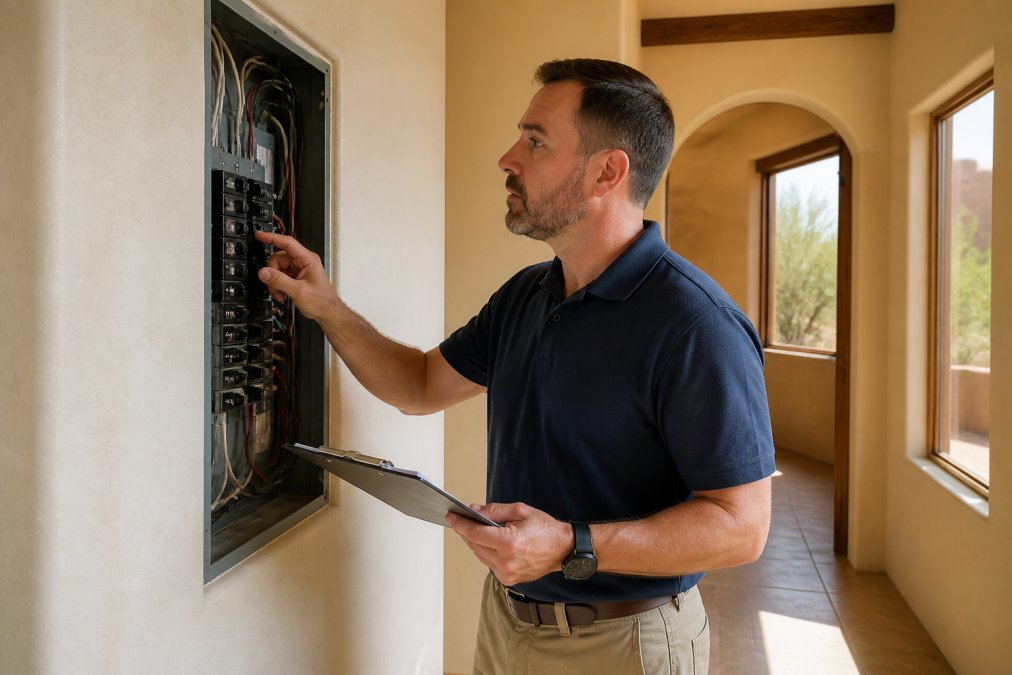 A professional home inspector in a polo shirt examining the electrical panel of a Southwestern-style home, holding a clipboard with a checklist, bright natural light coming through nearby windows
