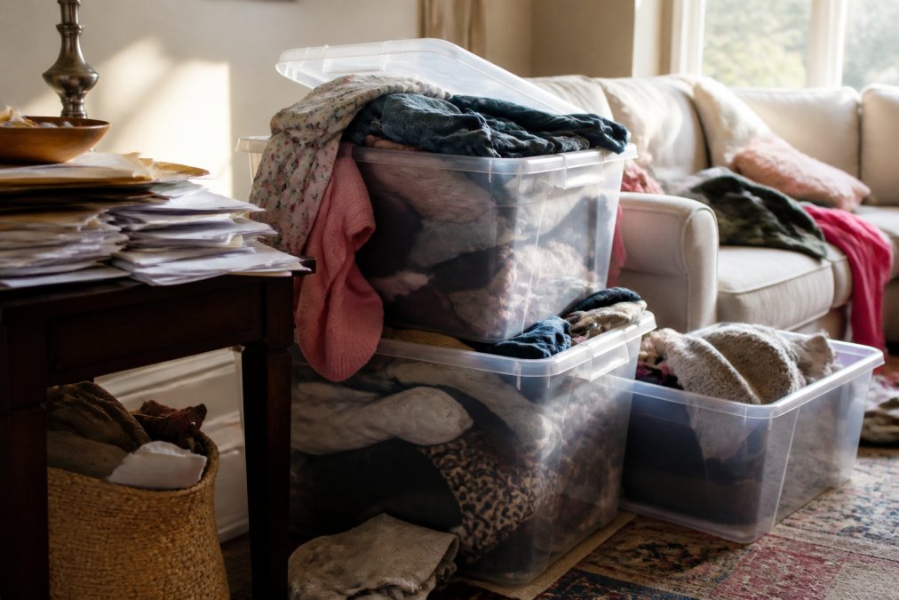 A cluttered living room corner with overflowing clear plastic storage bins, folded clothes spilling from an open lid, and stacked mail on a side table, soft afternoon light from a window