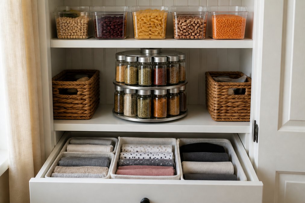 A neatly organized small pantry shelf with labeled clear bins, a rotating spice rack centered on the middle shelf, and fabric drawer organizers visible in an open drawer below, photographed in warm natural light against white painted wood shelving