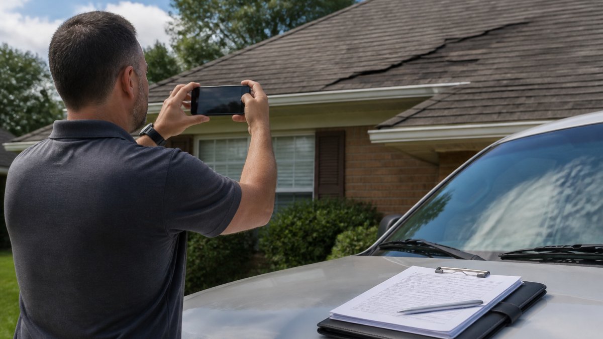 A homeowner standing in a driveway holding a smartphone, photographing a damaged asphalt shingle roof with visible granule loss and lifted shingles, clipboard and insurance paperwork on the hood of a truck nearby