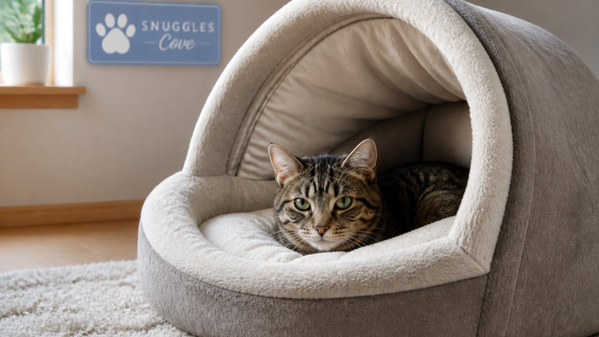 Close-up of premium hooded pet bed showing reinforced hood structure with visible double stitching, internal support walls, and plush fabric, with a small tabby cat nestled inside the open hood