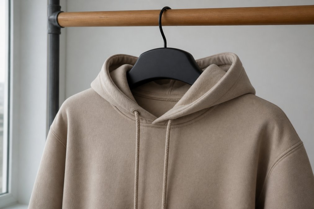 A properly hung hoodie on a wide padded hanger, showing correct shoulder support with the neckline resting loosely without tension, photographed in natural daylight against a neutral background