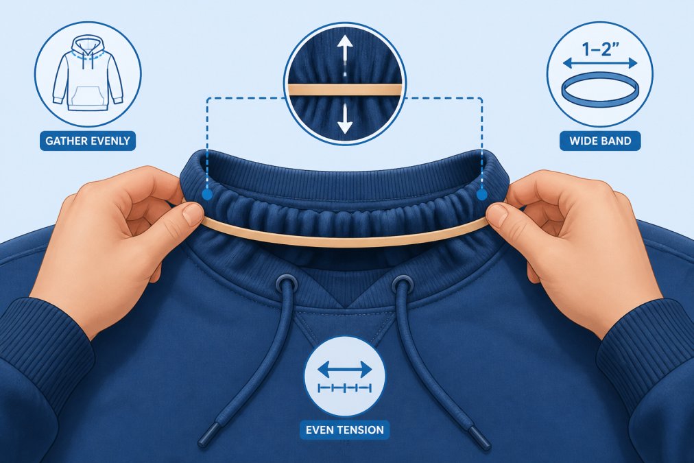 Close-up of hands carefully applying a wide rubber band around a stretched hoodie neckline, showing proper tension and even distribution of gathered fabric, with the hoodie laid flat on a light-colored surface