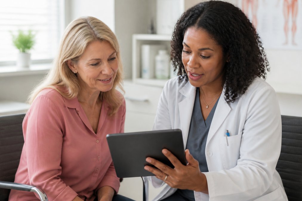 A doctor and patient reviewing lab results as hormone levels fluctuate with age in a bright medical office.