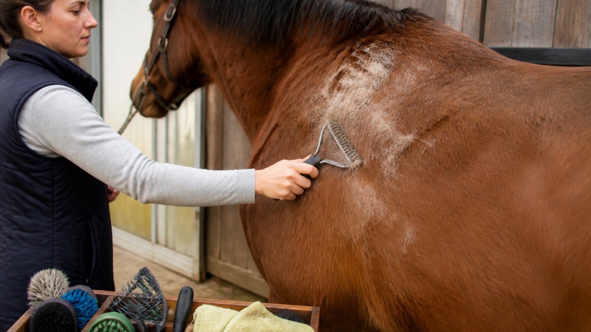 Horse owner using a shedding rake on a horse's shoulder during spring, with loose winter hair visible and grooming supplies nearby