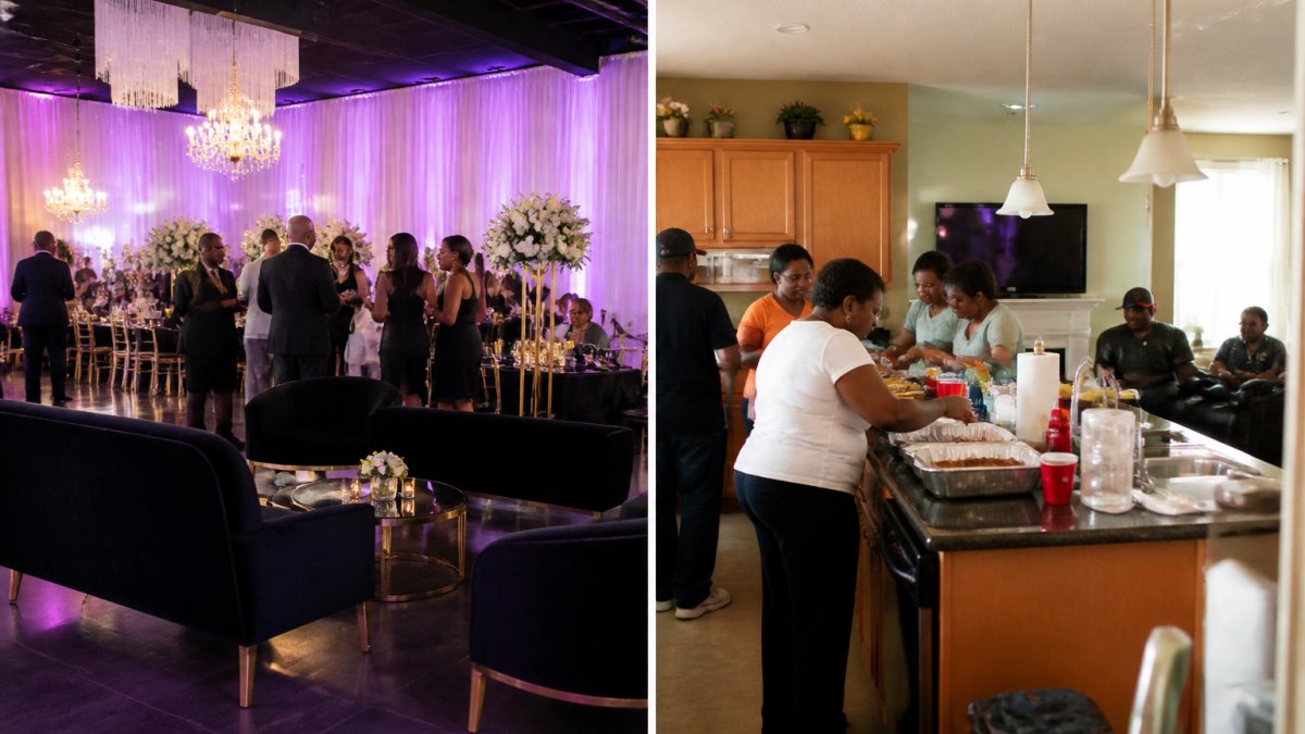 Elegantly decorated event venue with lounge seating, ambient up-lighting, and guests mingling at a milestone birthday celebration, professional atmosphere with draped walls