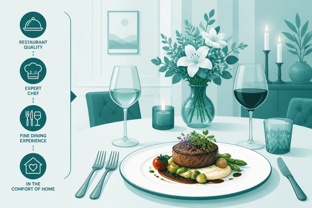 An elegantly plated fine dining dish presented on a table set for dinner in a home dining room, with soft lighting, wine glasses, and fresh flowers creating an intimate atmosphere