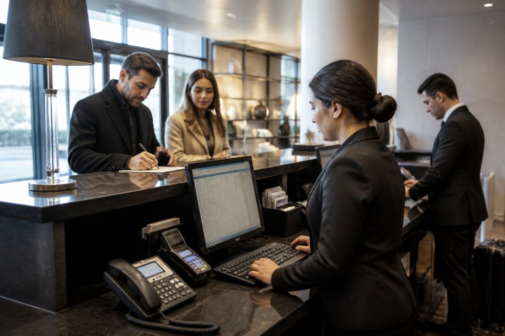 Hotel front desk staff working at computers with guest check-in area visible, showing digital systems and touchpoints where sensitive data is collected and stored