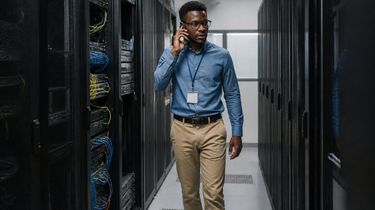 IT professional monitoring network traffic and security alerts on multiple screens in a hotel server room with soft overhead lighting and server equipment visible
