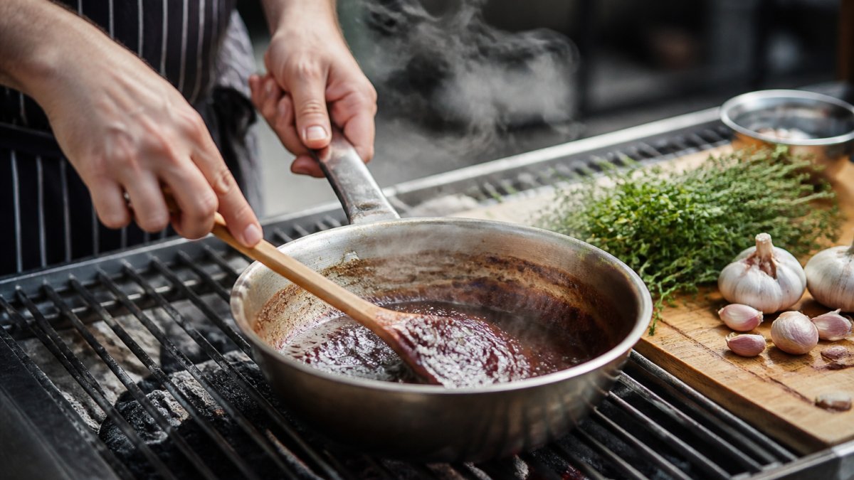 Close-up of a chef's hands stirring a rich, dark sauce in a stainless steel pan on a charcoal grill, steam rising, fresh herbs and garlic cloves visible on a wooden board nearby