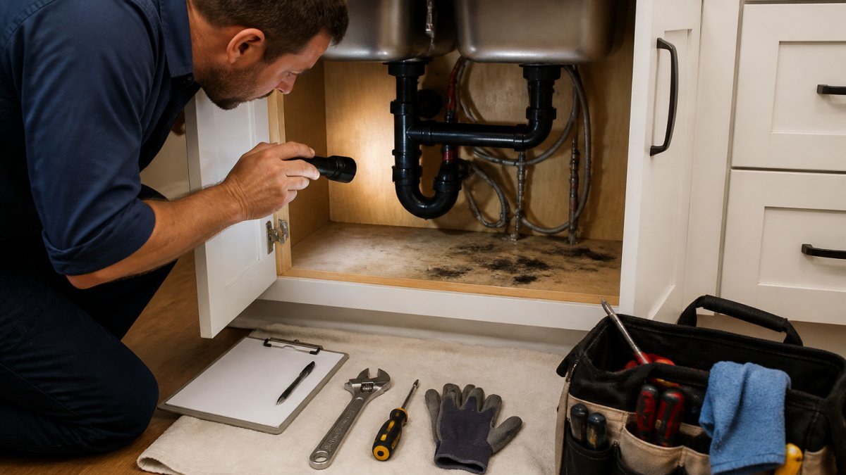 Homeowner using a flashlight to inspect under a kitchen sink, examining pipes, drain areas, and checking for moisture and mold growth