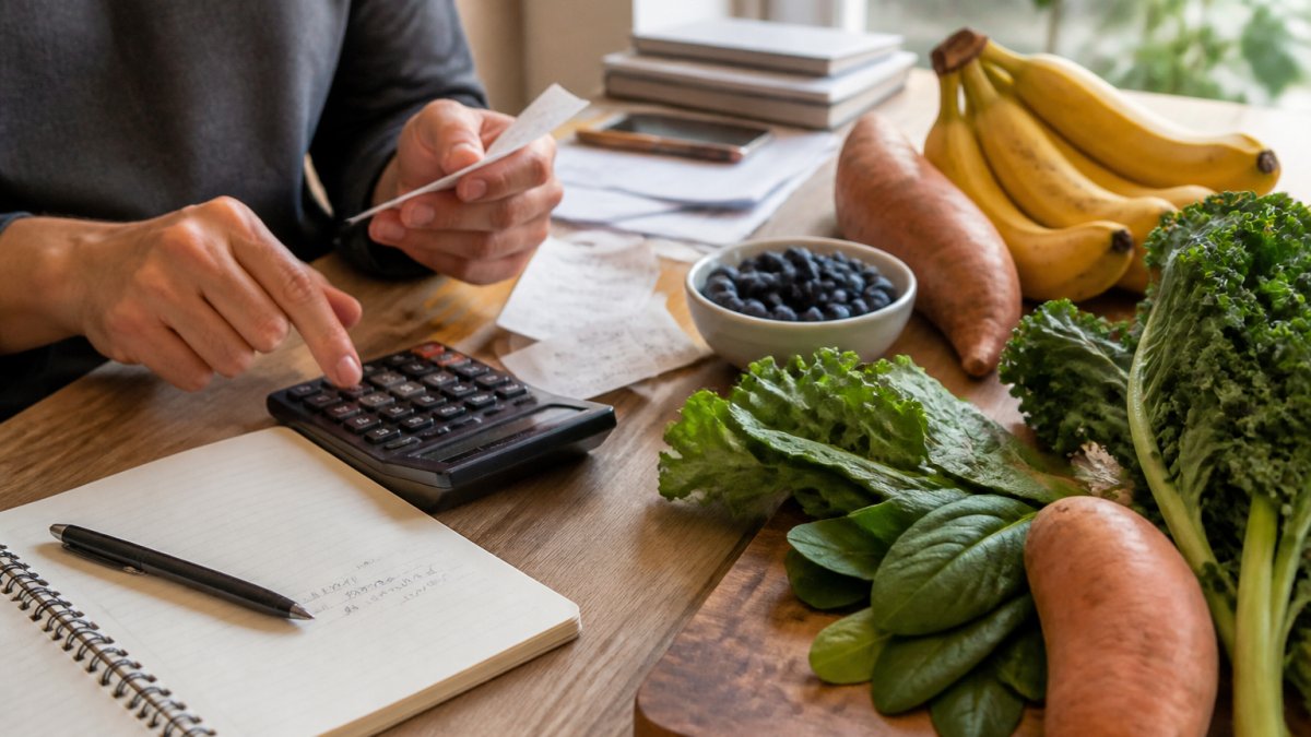 Close-up of organic whole ingredients like fresh bananas, blueberries, sweet potatoes, and dark leafy kale on a wooden surface, with hands selecting premium items