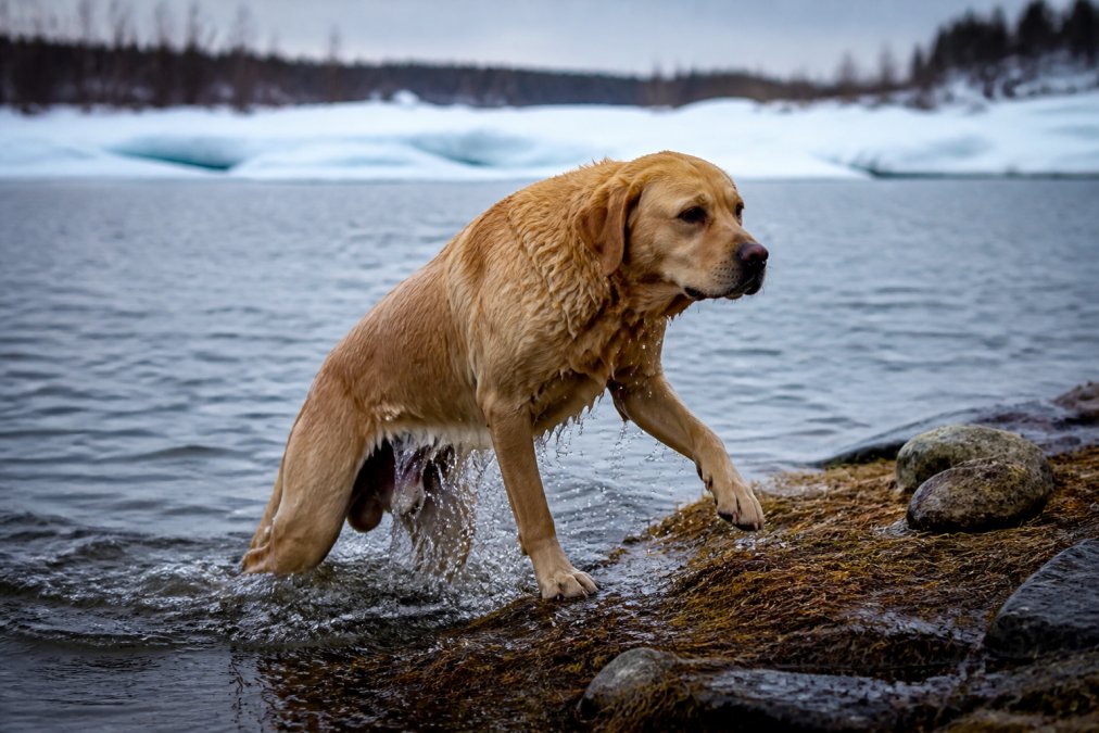 A retriever emerging from ice-cold water with a saturated coat, water streaming from fur, visible muscular tension and shivering in the shoulders and hindquarters under overcast winter light