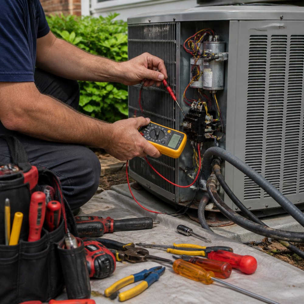A licensed HVAC technician inspecting a residential air conditioner unit outdoors, using a multimeter on electrical components, with tools laid out on a drop cloth nearby