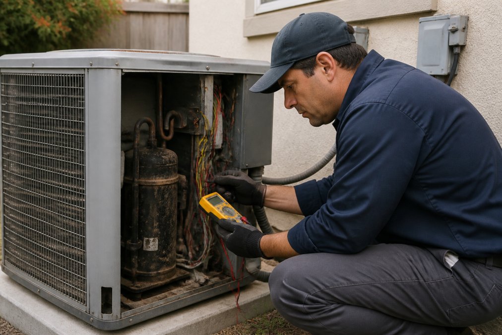 HVAC outdoor compressor unit with a licensed technician in uniform inspecting the unit with diagnostic equipment and a multimeter in a residential backyard