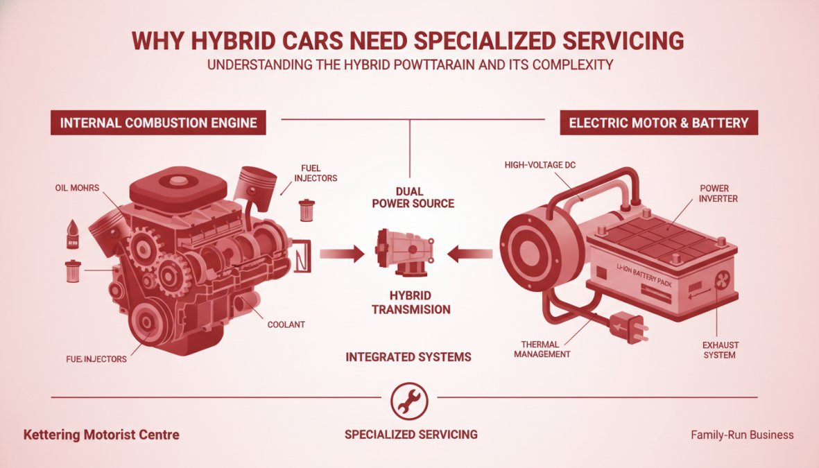 Professional illustration showing why hybrid cars need specialized servicing