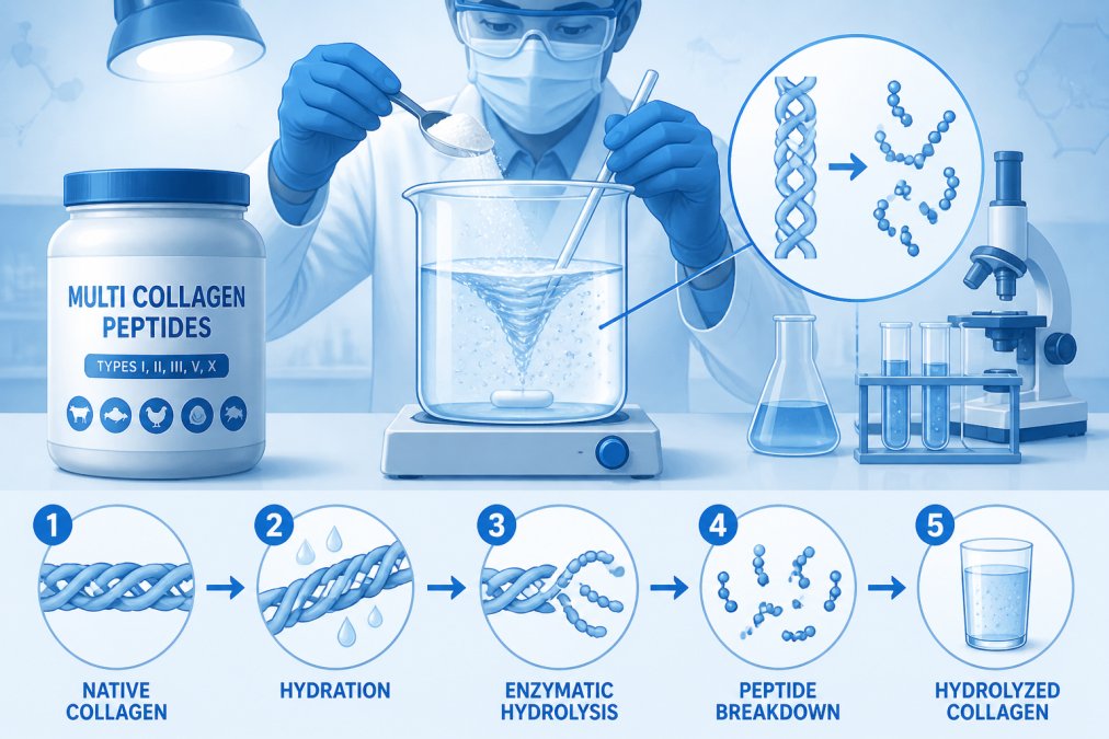 Close-up of laboratory technician working with collagen powder in a beaker with liquid solution under bright overhead lighting, showing molecular dissolution process with scientific equipment visible in background
