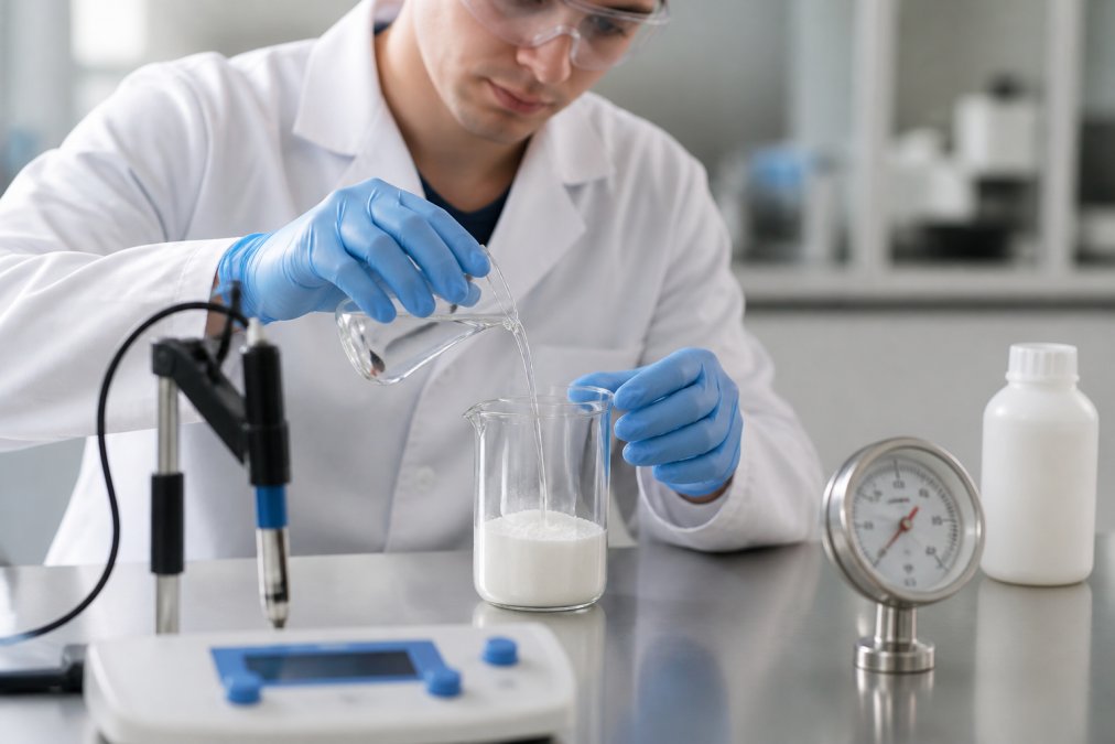 Laboratory technician in white coat carefully measuring enzyme solution into beaker containing collagen powder, with pH meter and temperature gauge visible on work surface under bright clinical lighting