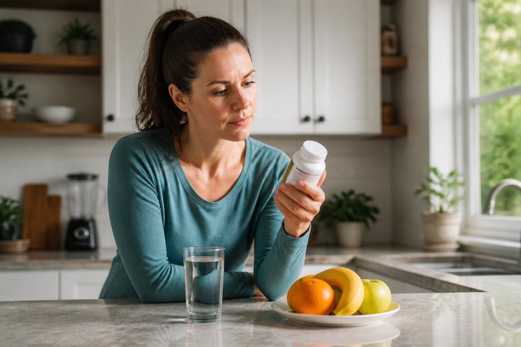A person at a kitchen counter holding a supplement bottle next to a glass of water and a plate of fresh fruit, looking at the label with a thoughtful expression, soft morning light
