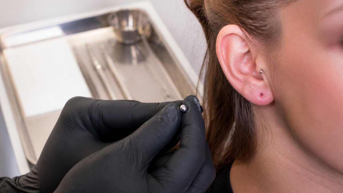 Close-up of a professional piercer's gloved hands holding a small polished titanium earring, a fresh piercing visible on a client's earlobe, bright clean studio lighting and stainless steel tray in the background