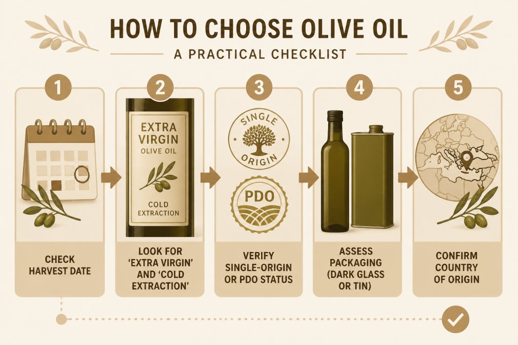 Flowchart showing the 5-step olive oil selection process: 1) Check harvest date, 2) Look for 'extra virgin' and 'cold extraction' on label, 3) Verify single-origin or PDO status, 4) Assess packaging (dark glass or tin), 5) Confirm country of origin