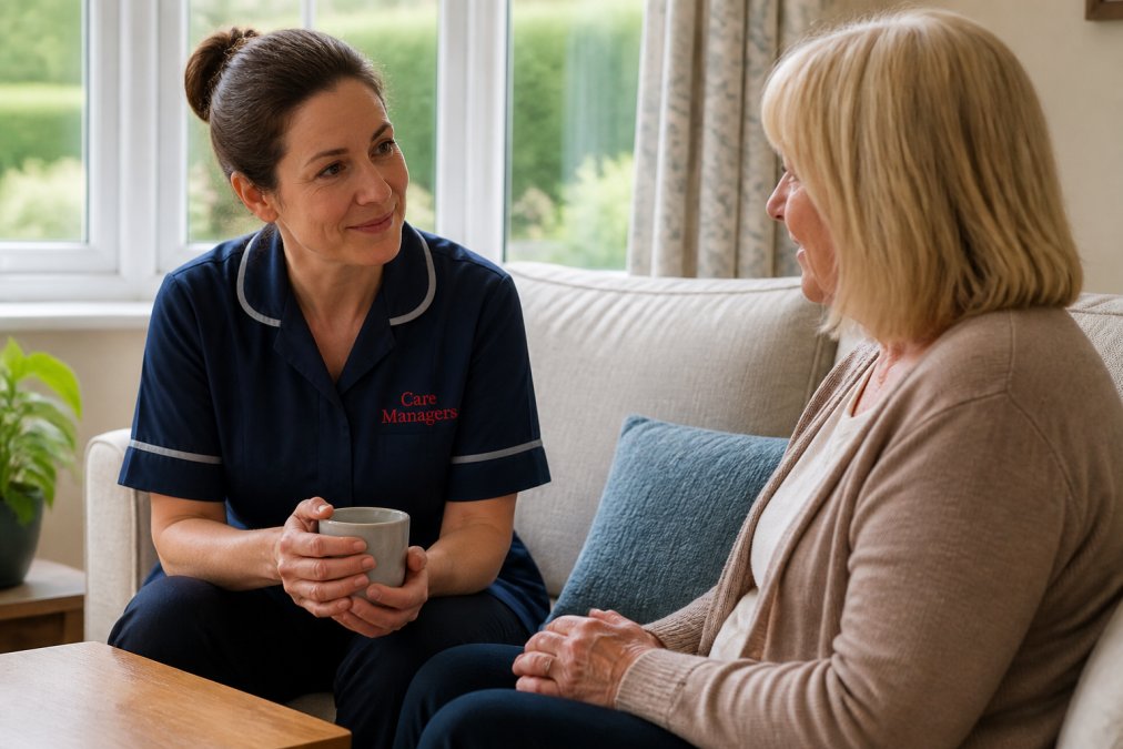 Professional carer and family member having a calm, supportive conversation in a comfortable living room with natural light from windows, showing trust and communication