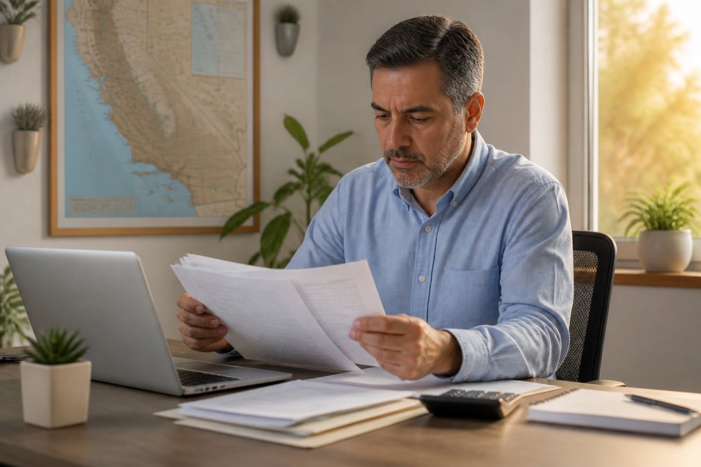 A small business owner reviewing incorporation paperwork at a desk with a laptop, calculator, and a map of California in the background, warm afternoon light through a window