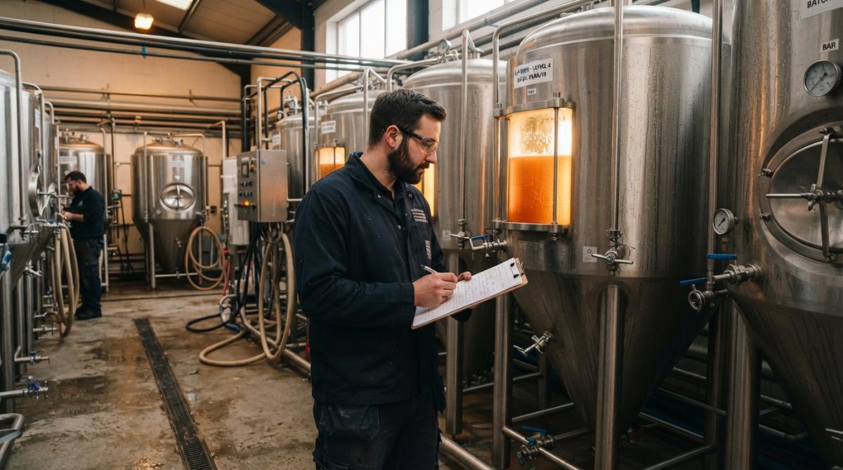 Professional craft brewery worker monitoring fermentation tanks with amber-lit glass vessels showing various stages of beer production in modern independent brewery