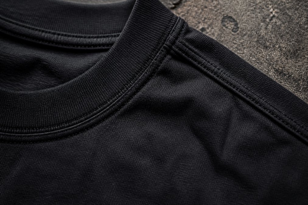 Close-up of heavyweight cotton t-shirt showing double-needle stitching on collar and reinforced shoulder seams under natural light, with tight stitch density visible