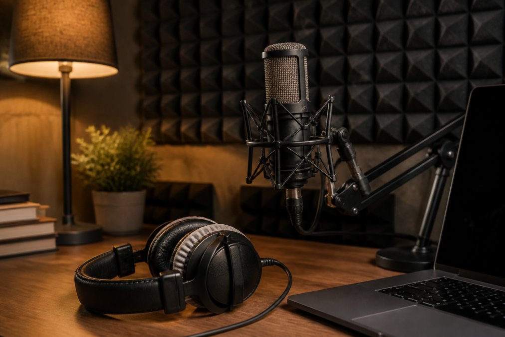 A close-up of a professional condenser microphone in a home studio, soundproofing foam panels on the wall behind it, warm lamp light, and over-ear headphones resting on a wooden desk beside a laptop