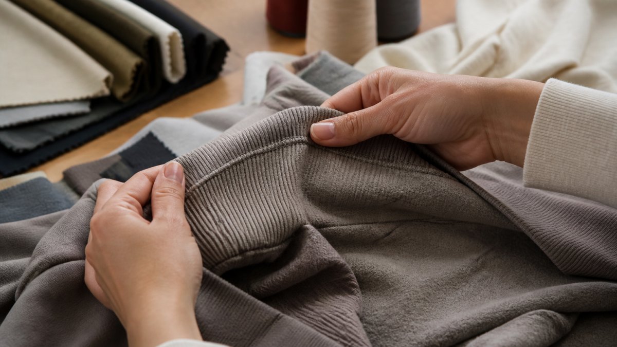 Close-up of hands examining fabric texture and stitching details on a garment, with natural lighting showing seam quality and material finish