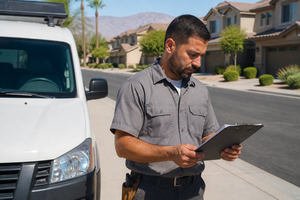 Self-employed contractor in work clothes reviewing a policy document on a clipboard while standing near a work van in a suburban Las Vegas neighborhood