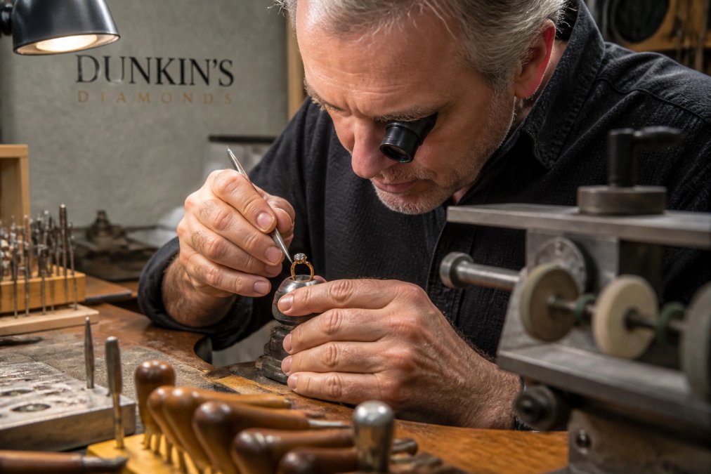 Bench jeweler using precision tools to set a sparkling gemstone into a gold ring at a workshop workbench