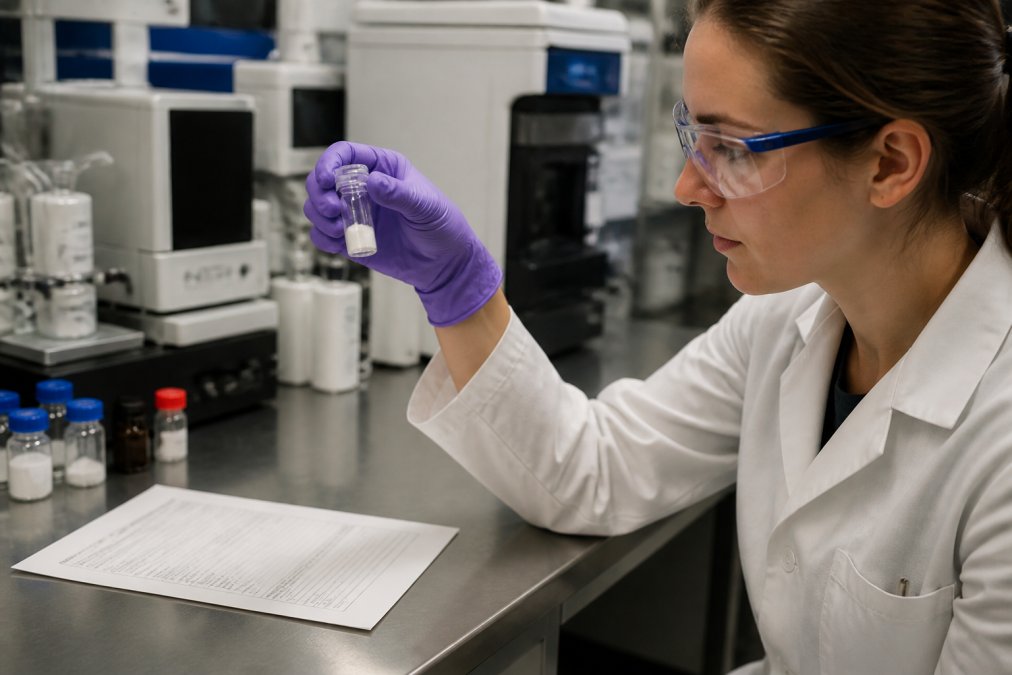 A scientist in a clean lab coat carefully holding a small vial of white powder next to a Certificate of Analysis document on a stainless steel bench, with analytical equipment blurred in the background