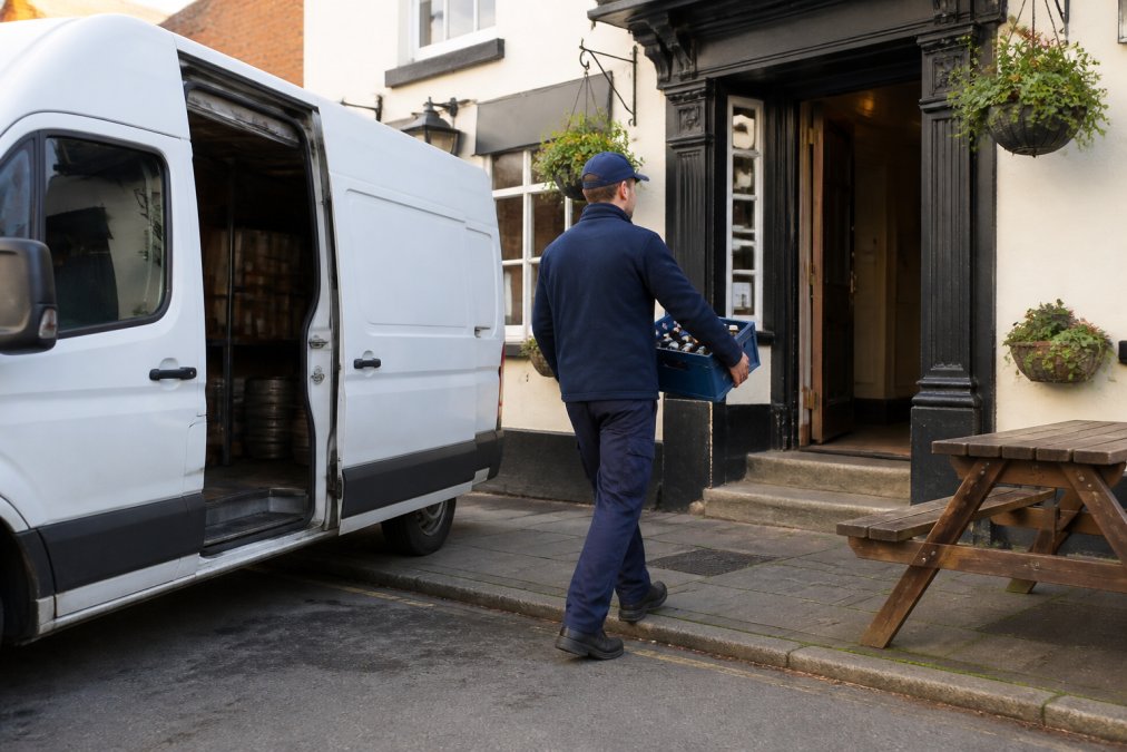 A white delivery van parked outside a traditional British pub, with a delivery driver in uniform carrying a crate of drinks towards the entrance