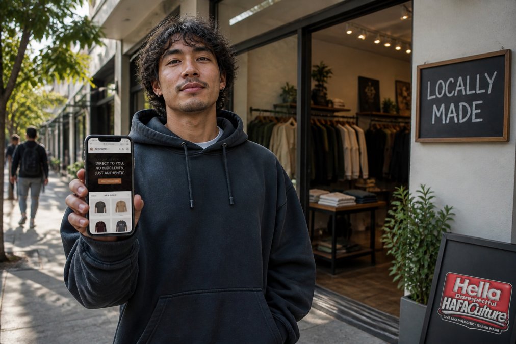 A young adult wearing an oversized graphic hoodie standing in front of a small independent clothing shop with a 'locally made' sign, holding a phone showing a direct-to-consumer brand's website, natural daylight, authentic street style vibe