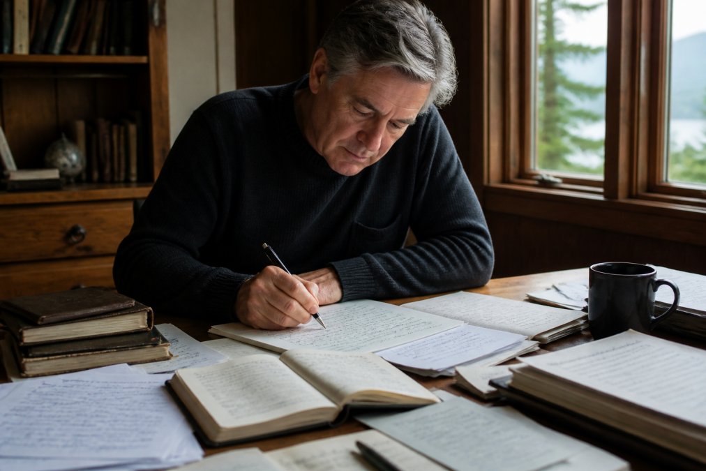 Author at wooden desk surrounded by manuscript pages, notebooks, and coffee cup, intently writing with focused determination in soft natural daylight from nearby window