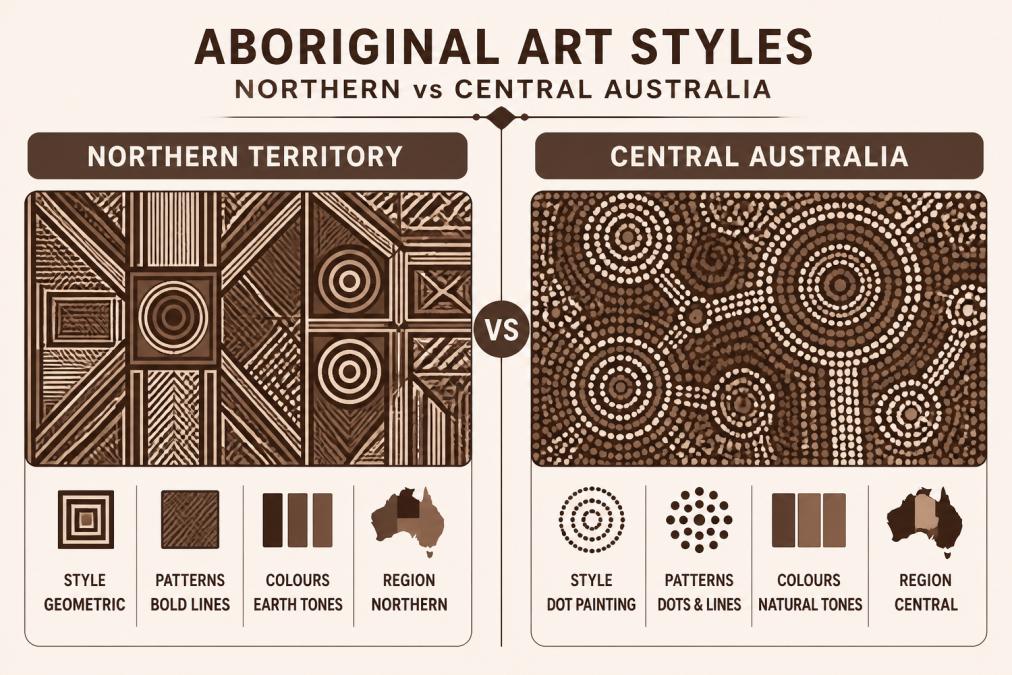 Side-by-side display of Northern Territory Indigenous artwork with bold geometric patterns and Central Australian dot painting showing distinct regional artistic traditions and colour palettes