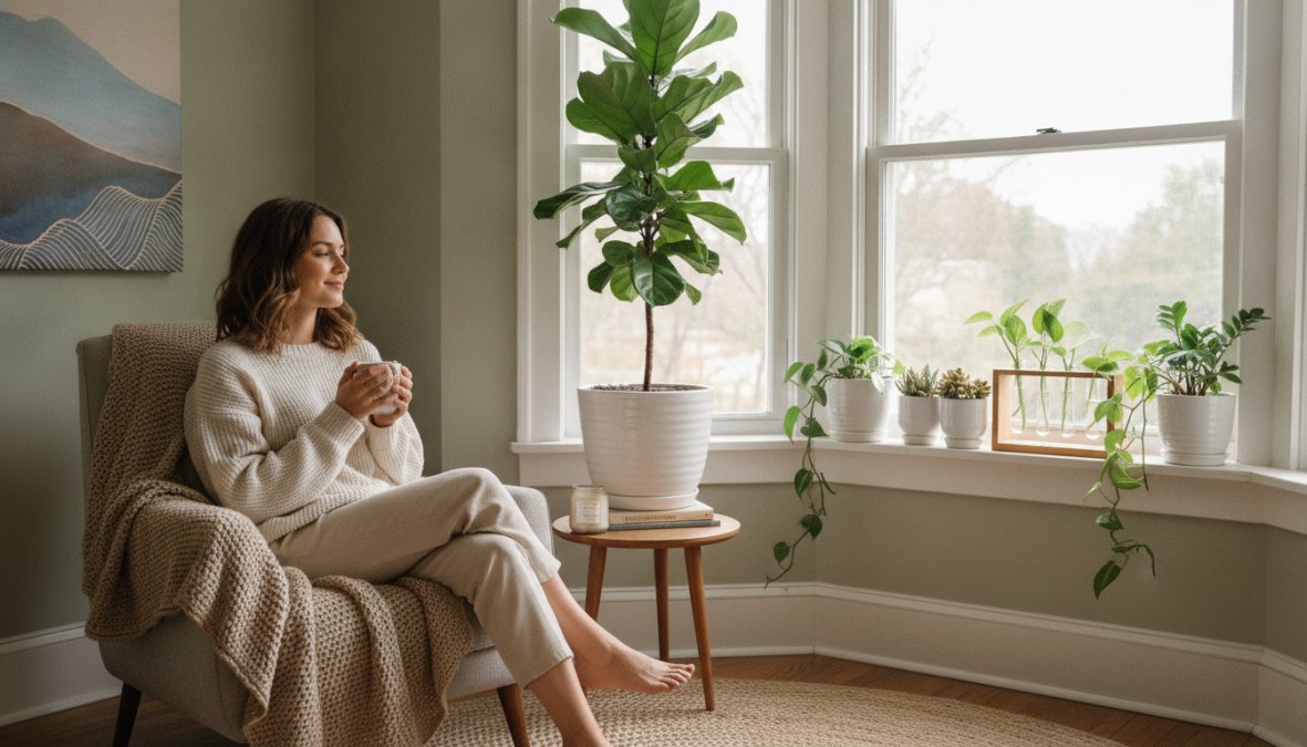 Professional illustration showing Person for why indoor plants improve home atmosphere