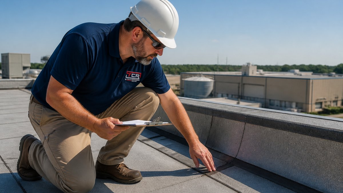 Professional facility manager standing on industrial flat roof with clipboard, examining roof membrane seams and metal flashing details, with clear sky and industrial facility visible in background