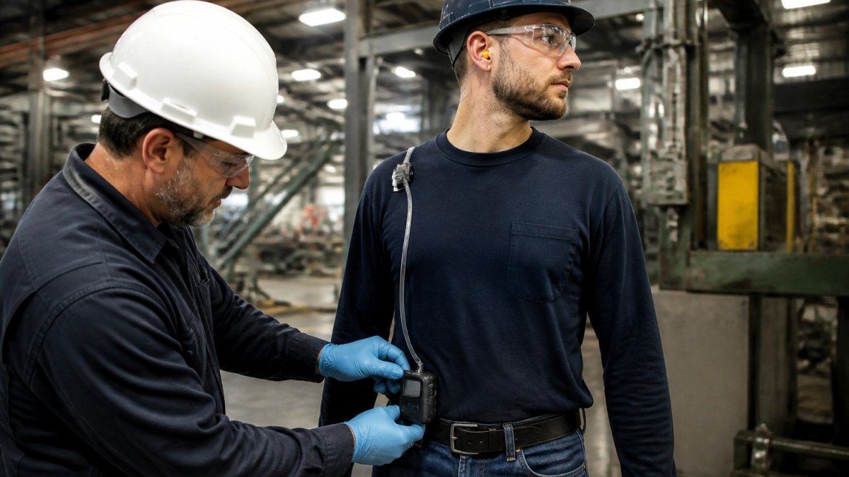 An industrial hygienist attaching a personal air sampling pump to a manufacturing worker's belt in a factory, the worker wearing safety glasses and hearing protection under overhead plant lighting