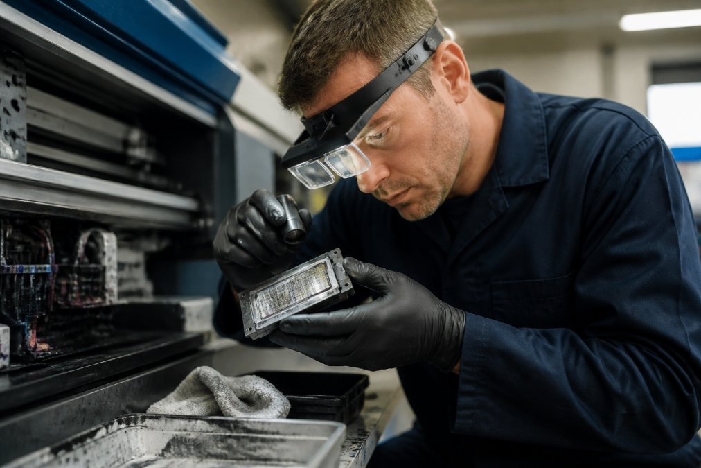Professional engineer examining industrial printer printhead under bright workshop lighting, using magnification tools to inspect nozzle patterns and ink residue