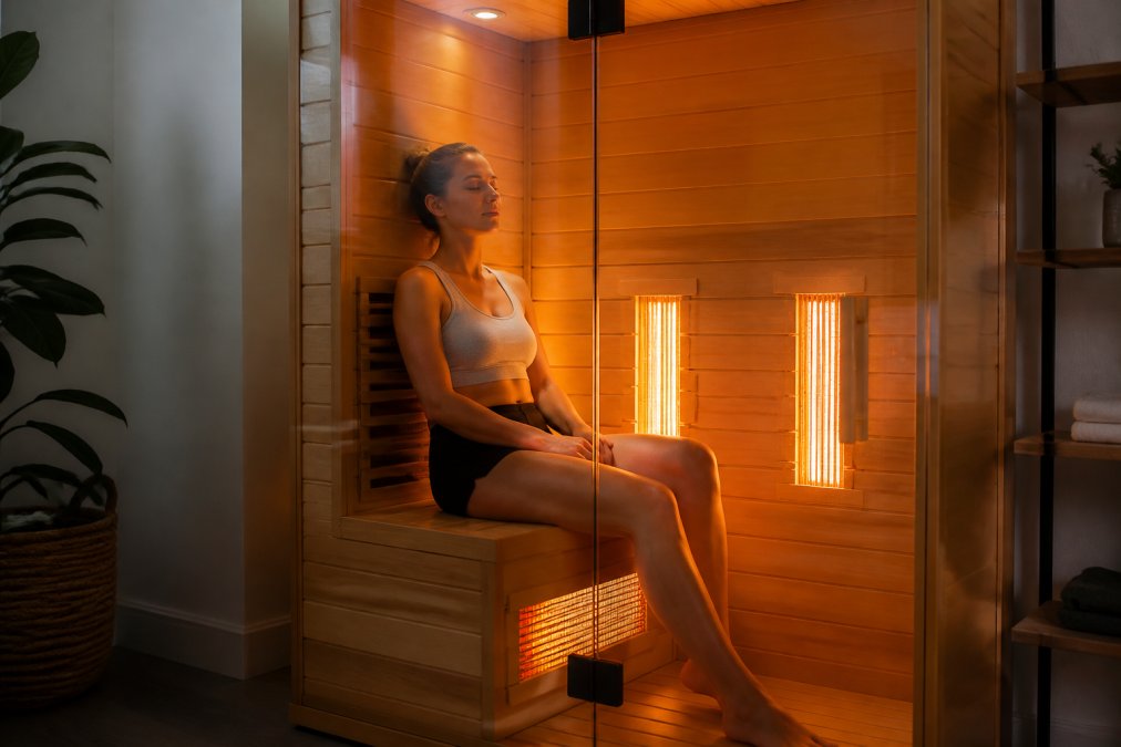 Diagram illustrating why infrared heat works on cells through deep tissue penetration in a sauna cabin.