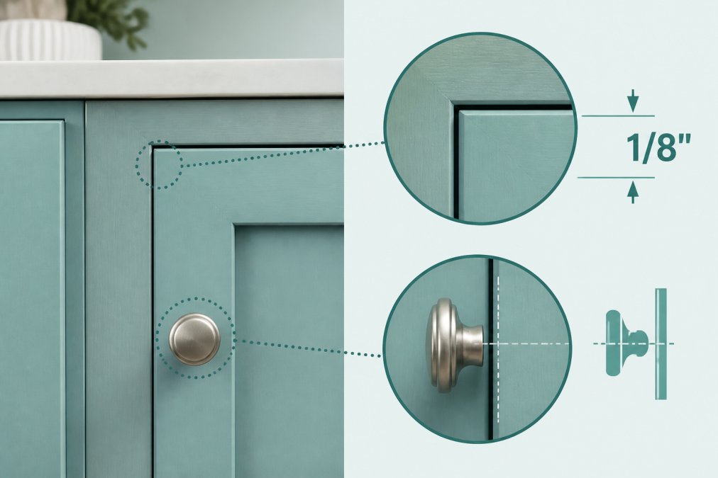 Close-up detail of an inset cabinet door mounted flush within the face frame, showing the precise 1/8-inch reveal gap and hardware alignment in natural kitchen lighting