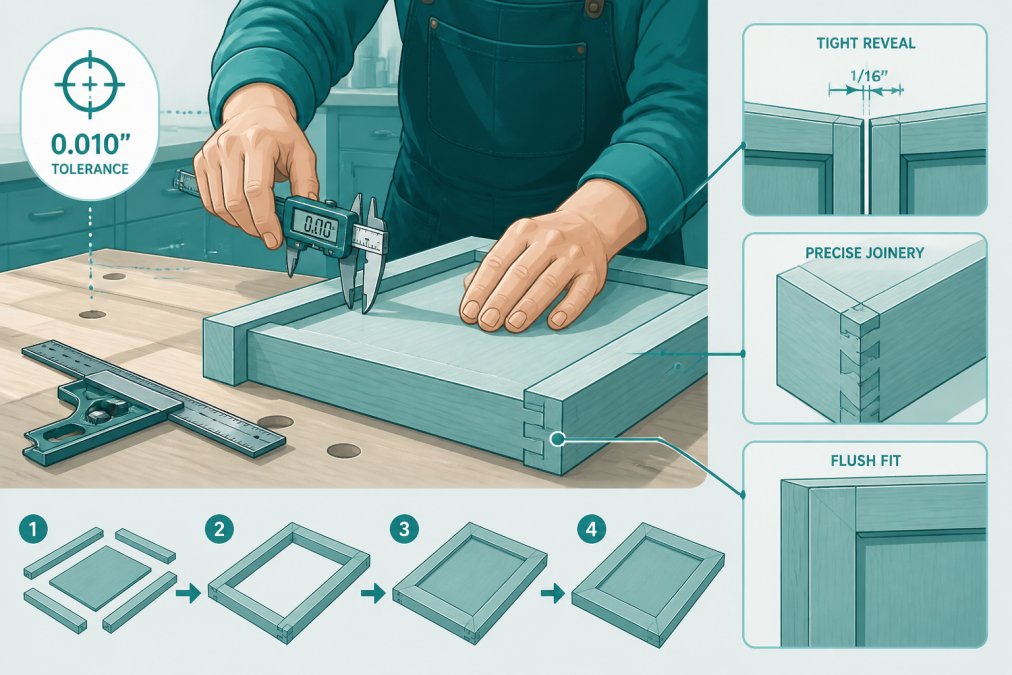 Skilled craftsperson's hands using precision measuring tools to align wooden cabinet components, showing the detailed joinery and construction work on a workbench with natural workshop lighting