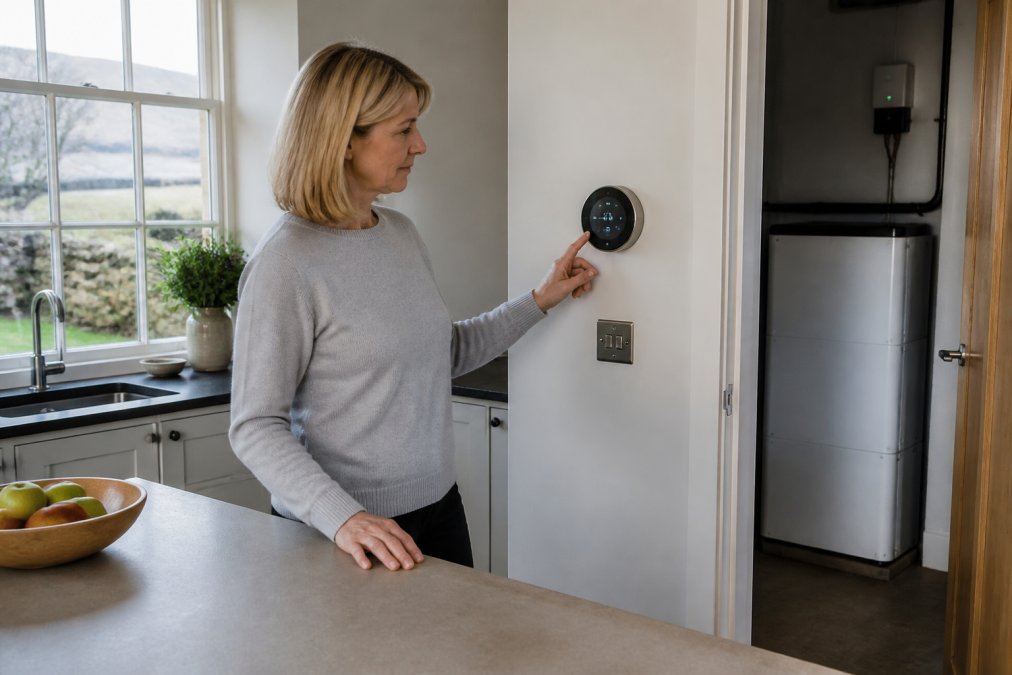 A homeowner in a Scottish stone-built house looking at a smart meter display in a bright kitchen, with a battery unit visible through a doorway