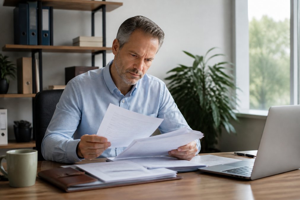 Professional reviewing insurance denial letter at desk with computer and documents in bright office setting