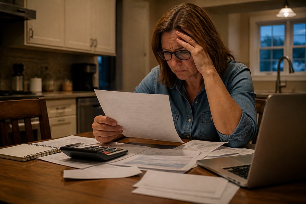 A homeowner sitting at a kitchen table in the evening, holding a denial letter from their insurance company, looking concerned with policy documents and a laptop spread out in front of them